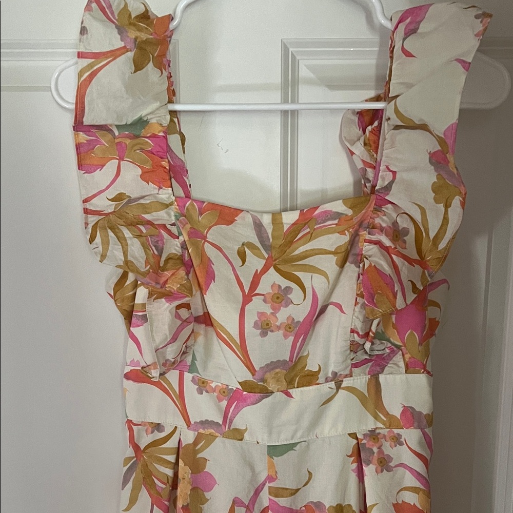 Women's Floral Ruffle-Strap Wide Leg Jumpsuit- Cream with Pink & Orange
